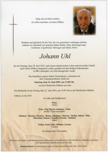 Sterbefälle 2023 Bestattung Staatz